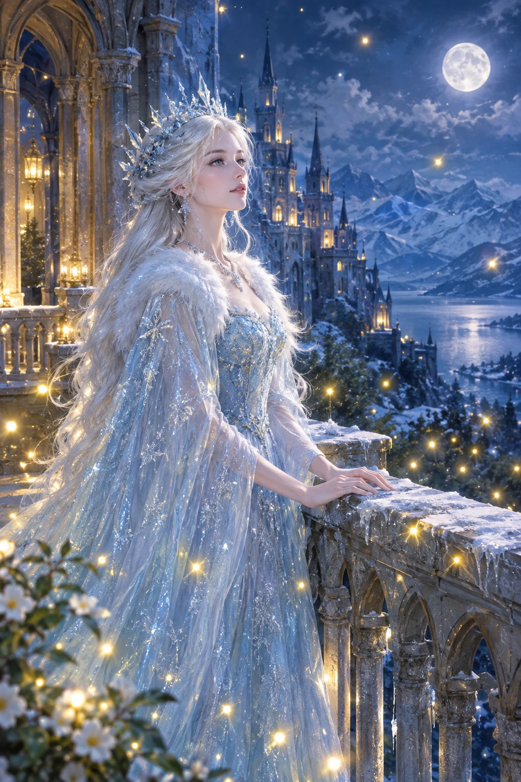 A Snow Queen Steps Onto an Icy Castle Balcony