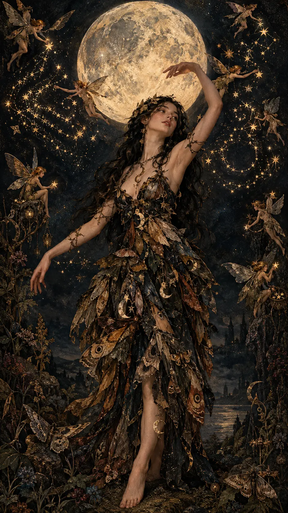 A young woman dances beneath an enormous moon as fae rearrange stars
