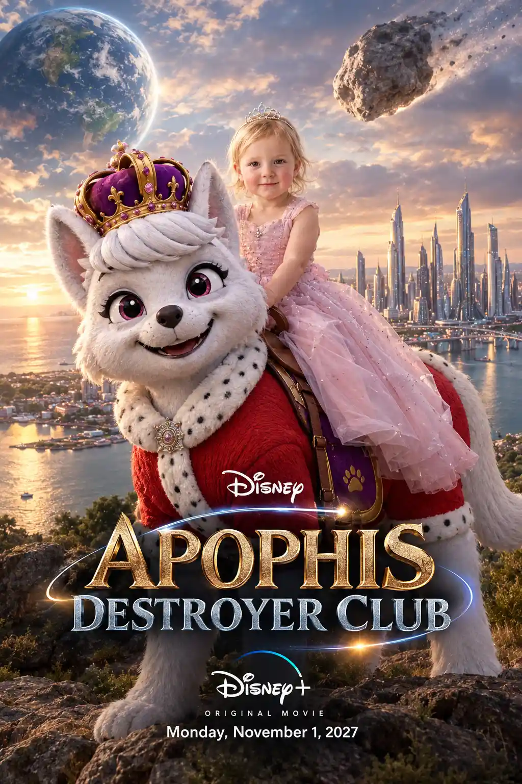 A toddler princess rides on a four-legged dog mascot's back