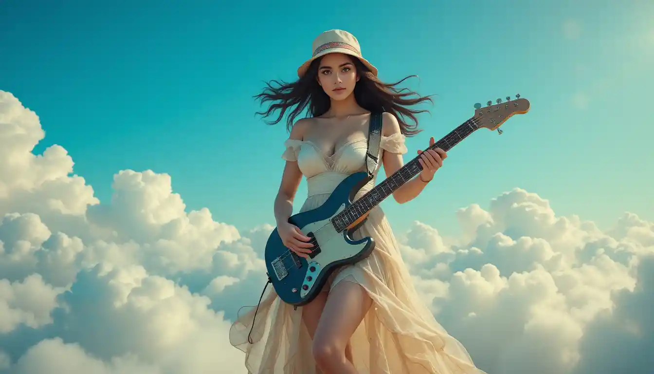A woman plays bass guitar among clouds beneath an azure sky