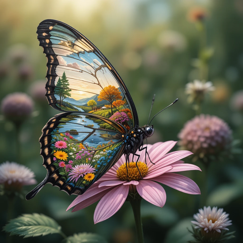 A Side Viewed Butterfly Perched on a Flower with Painted Scenic Wings