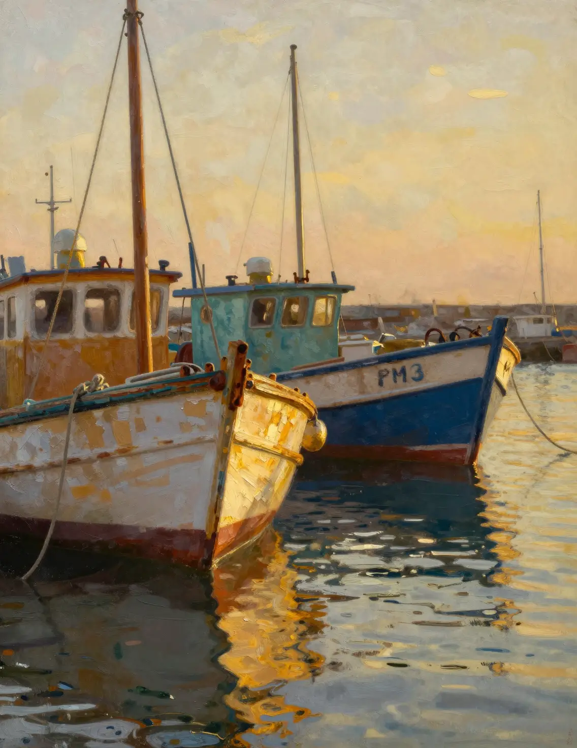 Weathered fishing boats resting in a quiet harbor at golden hour