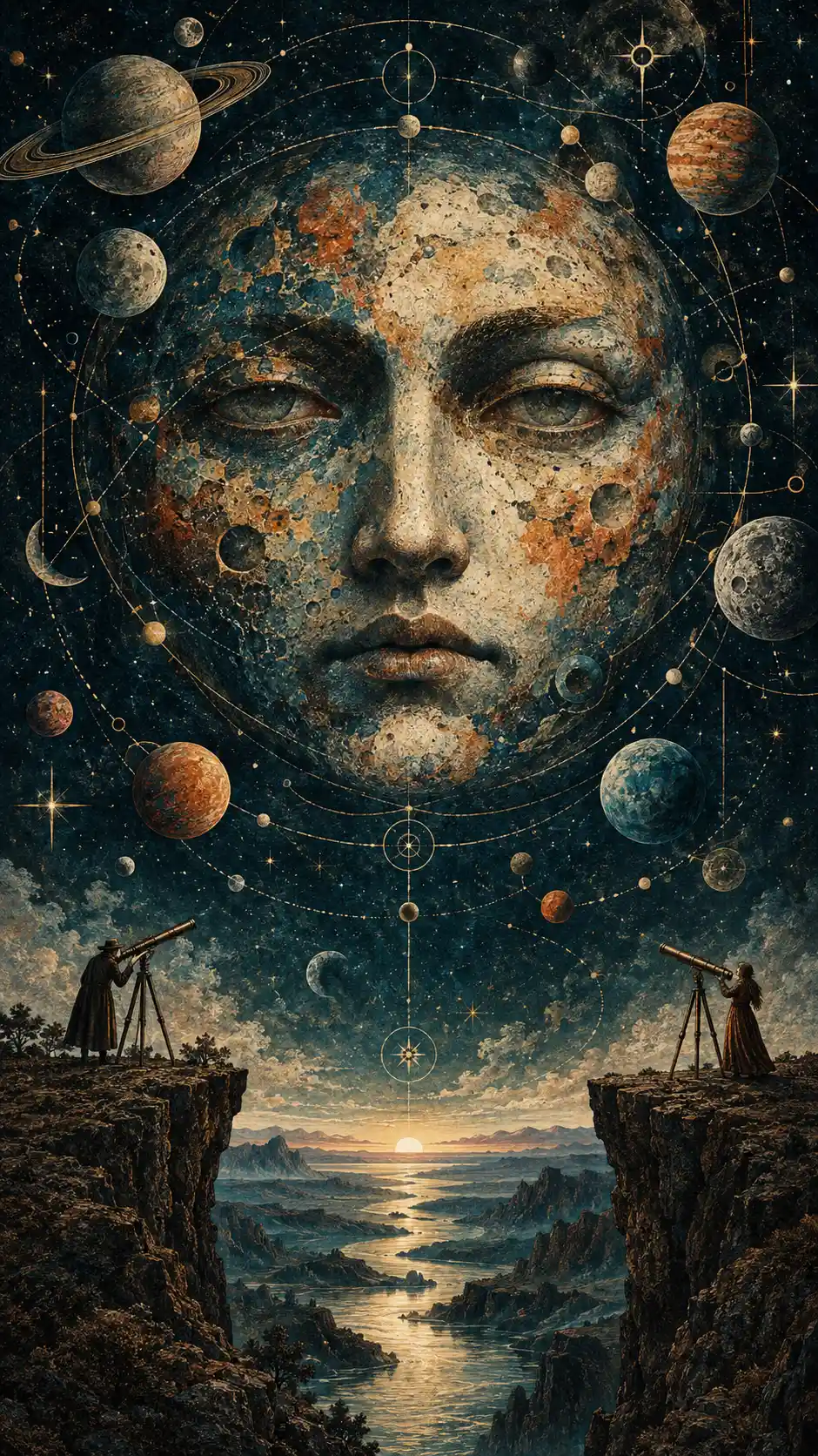 A Vast Celestial Face Suspended Amid Intricate Paths Across the Midnight Sky