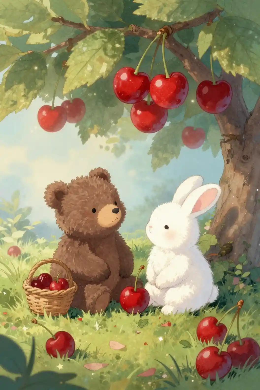 A Bear Cub and Rabbit Gather Cherries Beneath a Tree