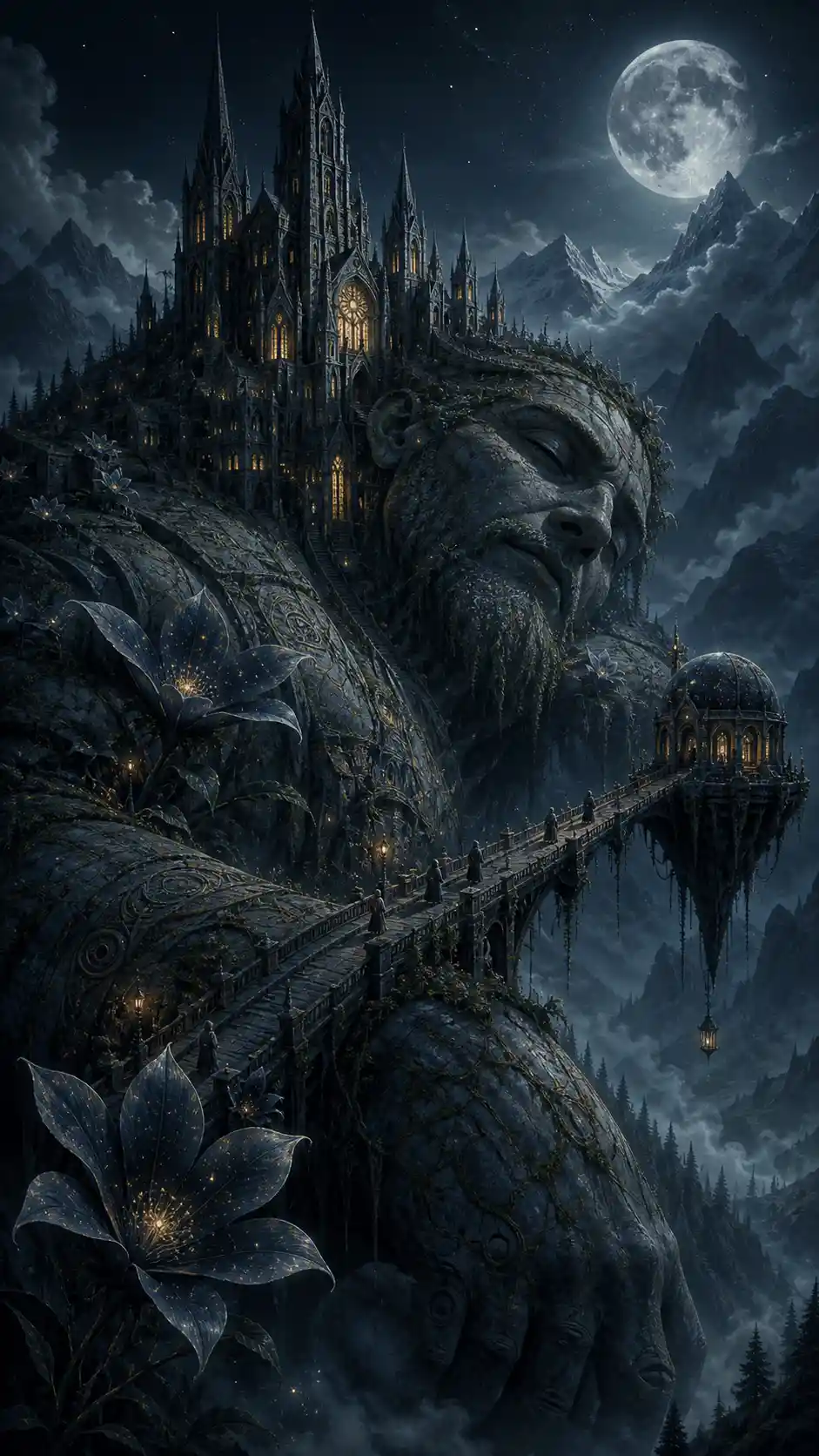 A Gothic Cathedral Rests Within the Sleeping Form of an Ancient Stone Giant