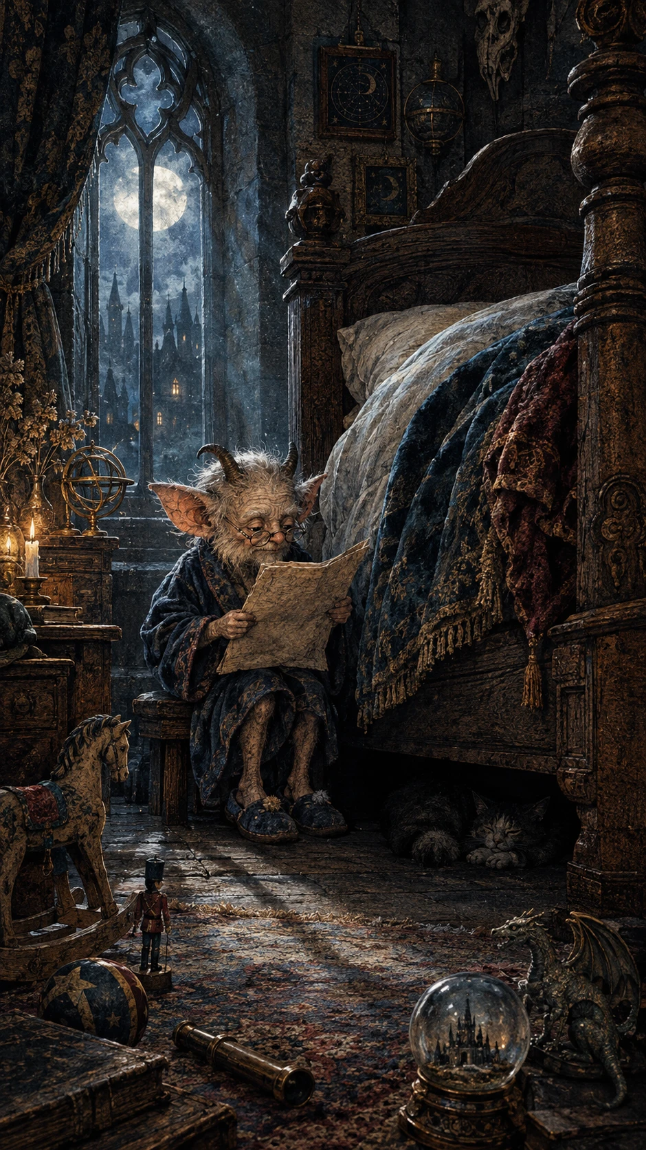 A tiny horned monster reads parchment beside an enormous antique bed