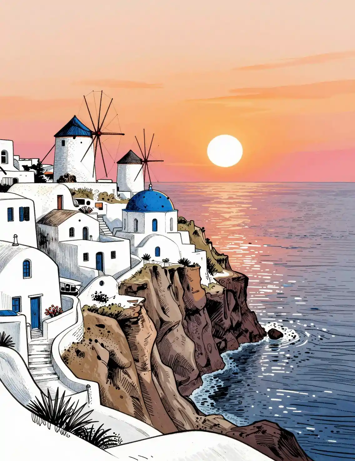 A Whitewashed Cliffside Village Overlooking the Bright Mediterranean Sea