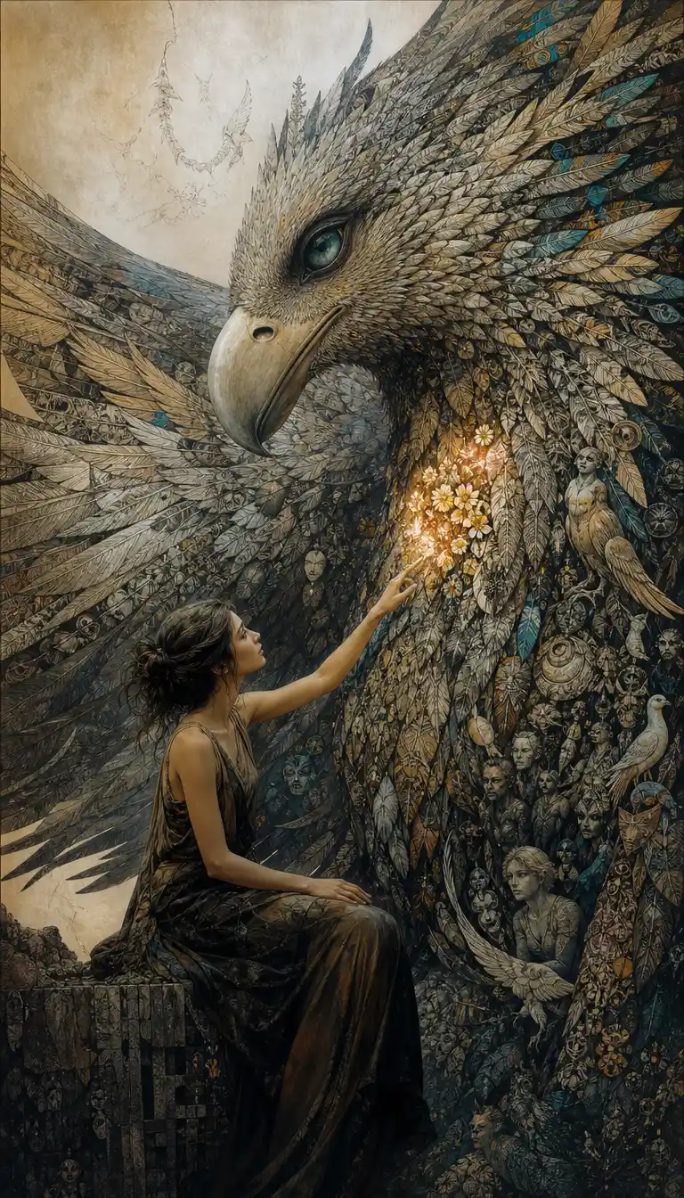 A young woman touches a symbolic feather beside an enormous bird