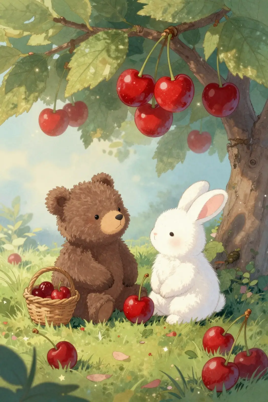 A Bear Cub and Rabbit Gather Cherries Beneath a Tree