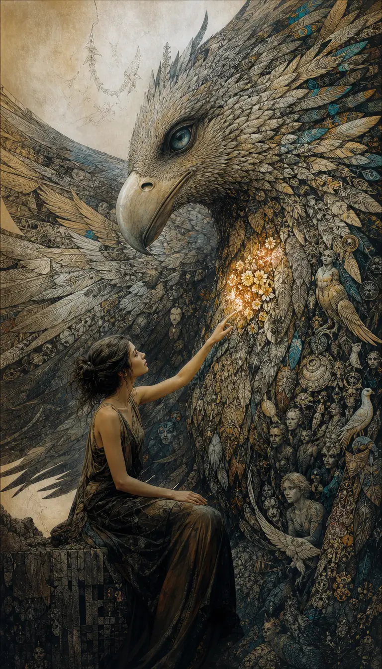A young woman touches a symbolic feather beside an enormous bird
