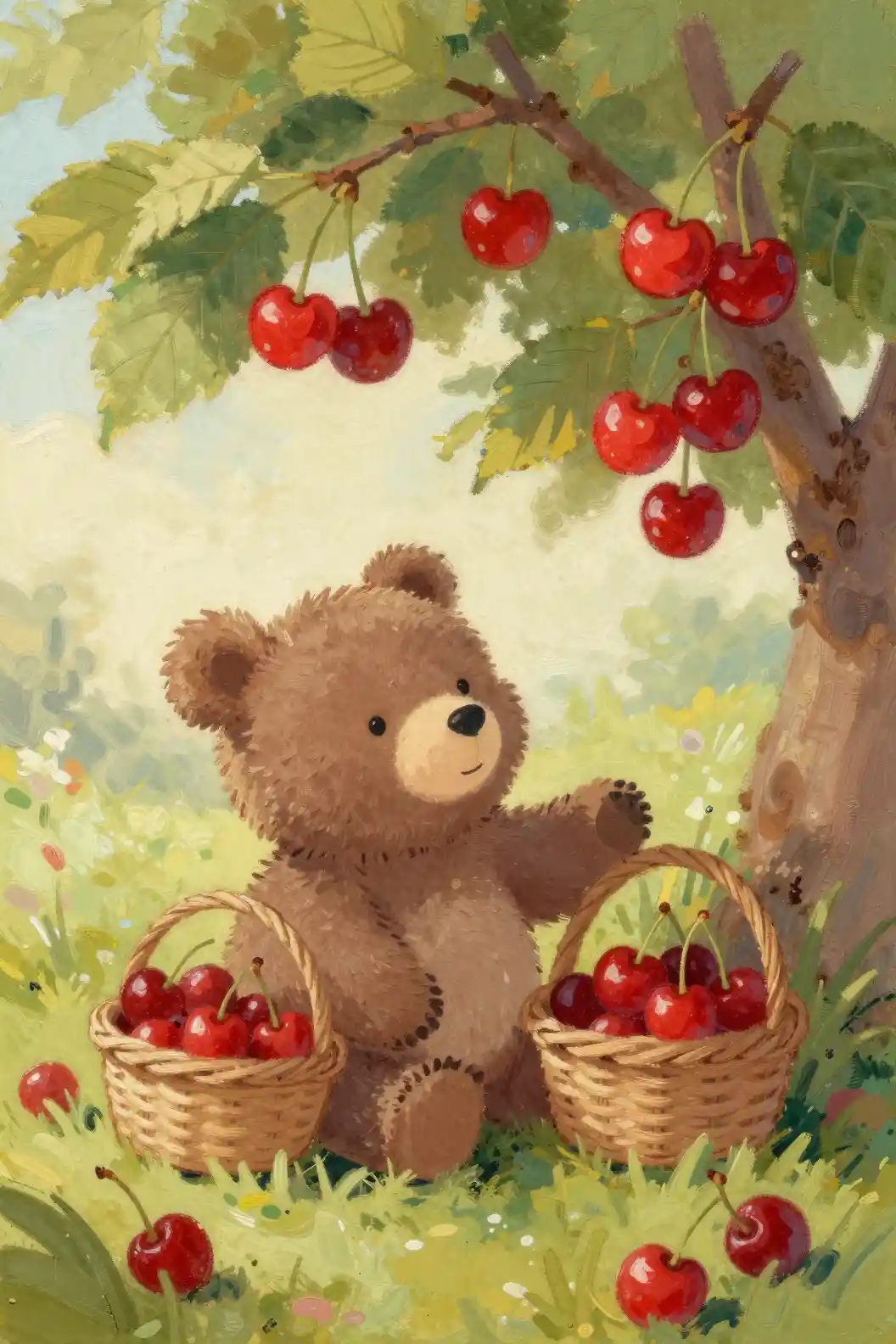 A Bear Cub Picks Cherries Beneath a Tree in Soft Light