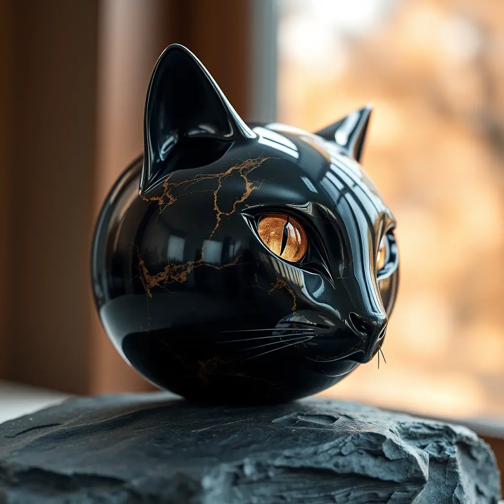 A polished black cat sculpture with amber eyes rests on dark slate