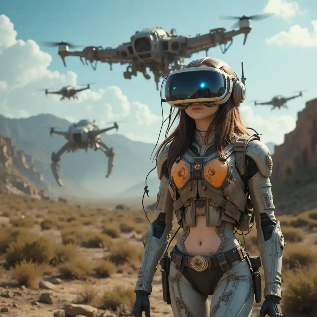 People isolated in virtual reality helmets amid a drone battle