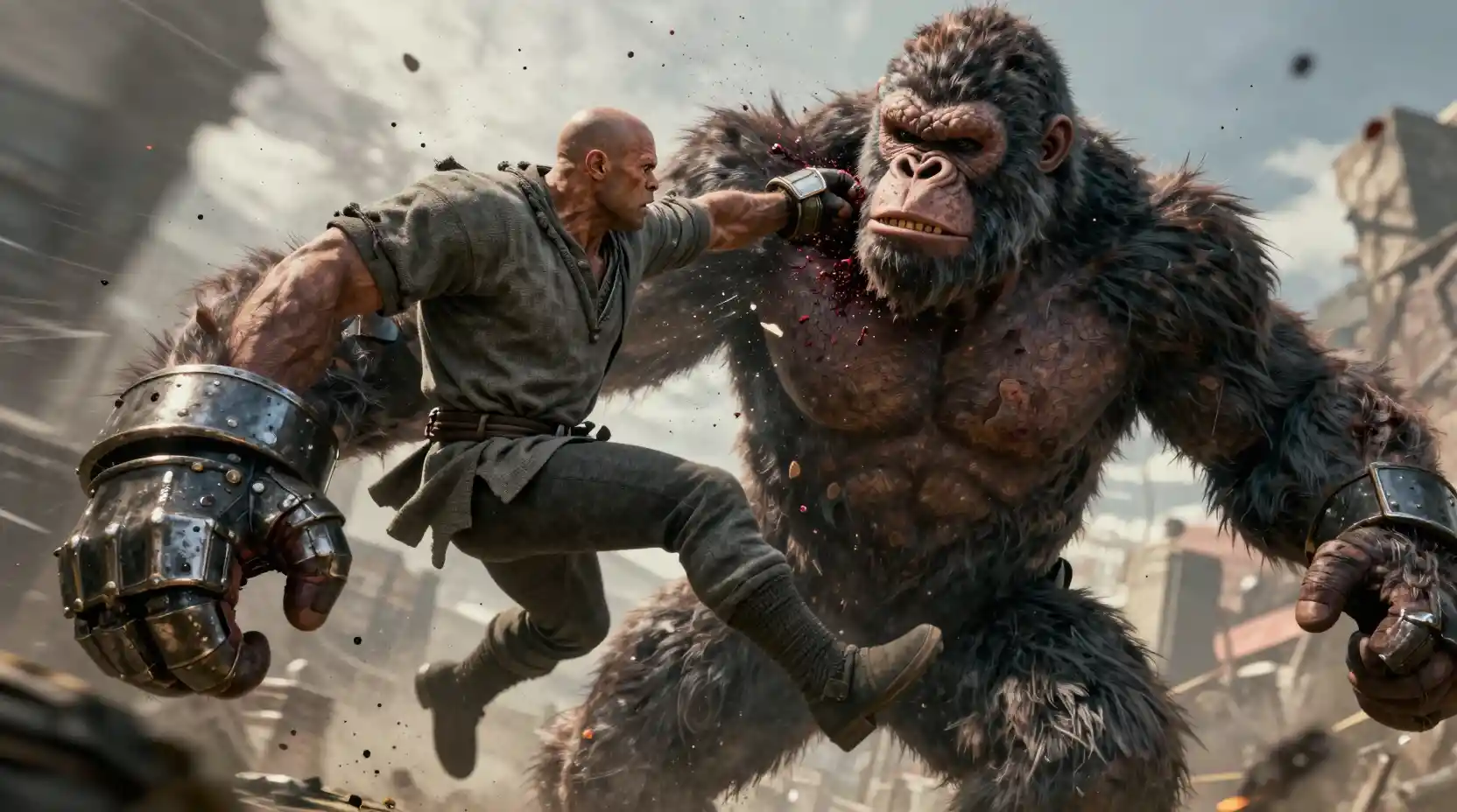 A bald man punches a towering Bigfoot in a cinematic action scene