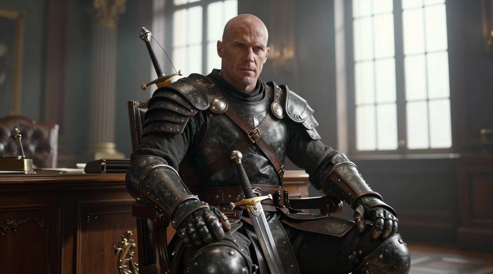 A Bald Armored Warrior Sits Confidently in an Elegant Mahogany Office