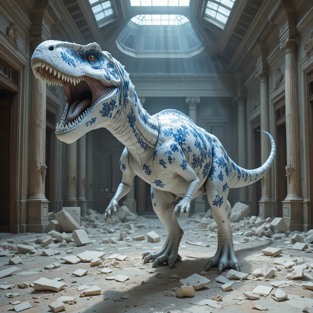 A porcelain tyrannosaurus roars in a shattered museum hall with blue floral patterns