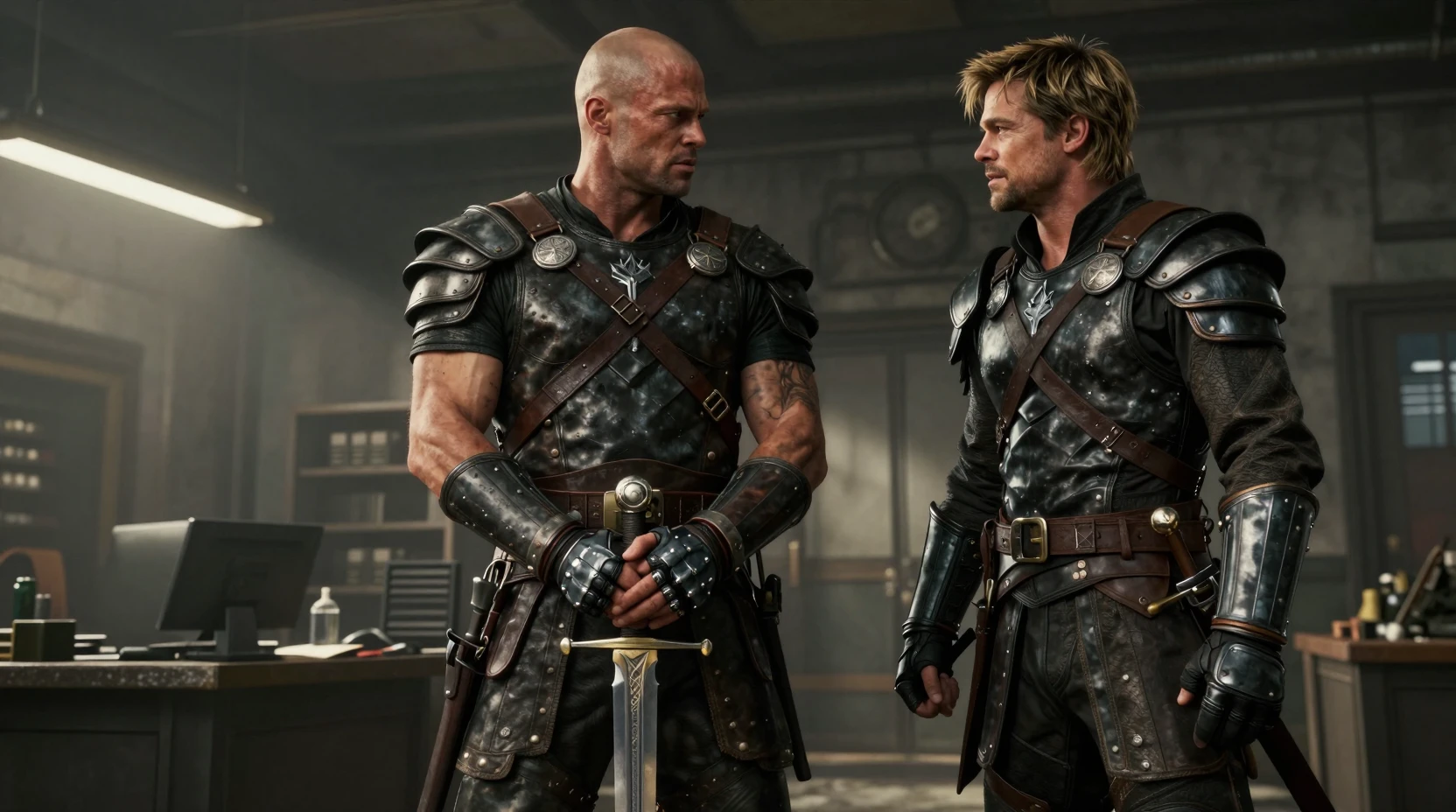 Two armored warriors face off inside a rugged military office