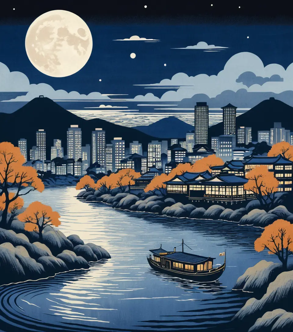 A ukiyo-e cityscape shows a full moon above a ferry