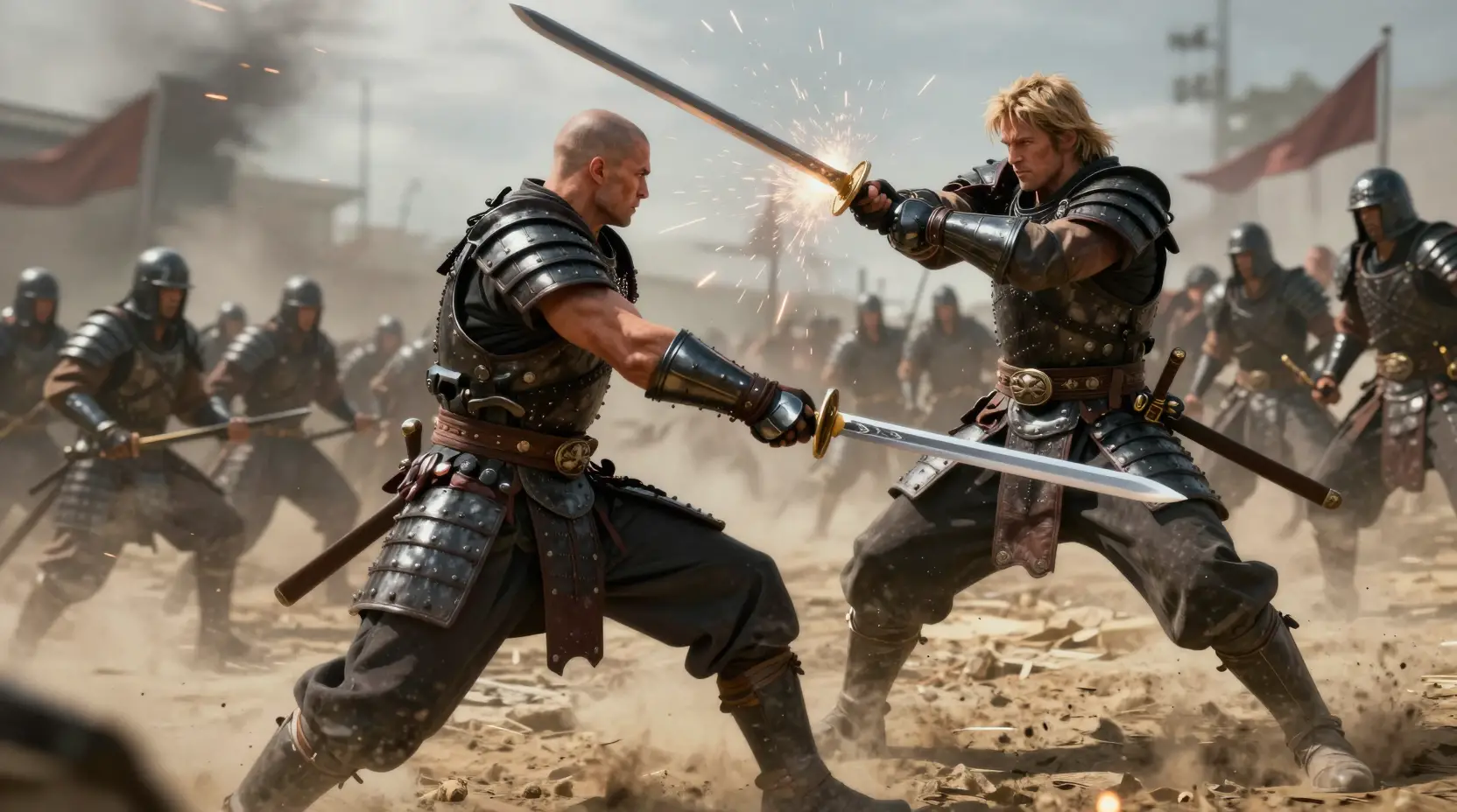 Anime swordsmen duel on a dusty military training ground