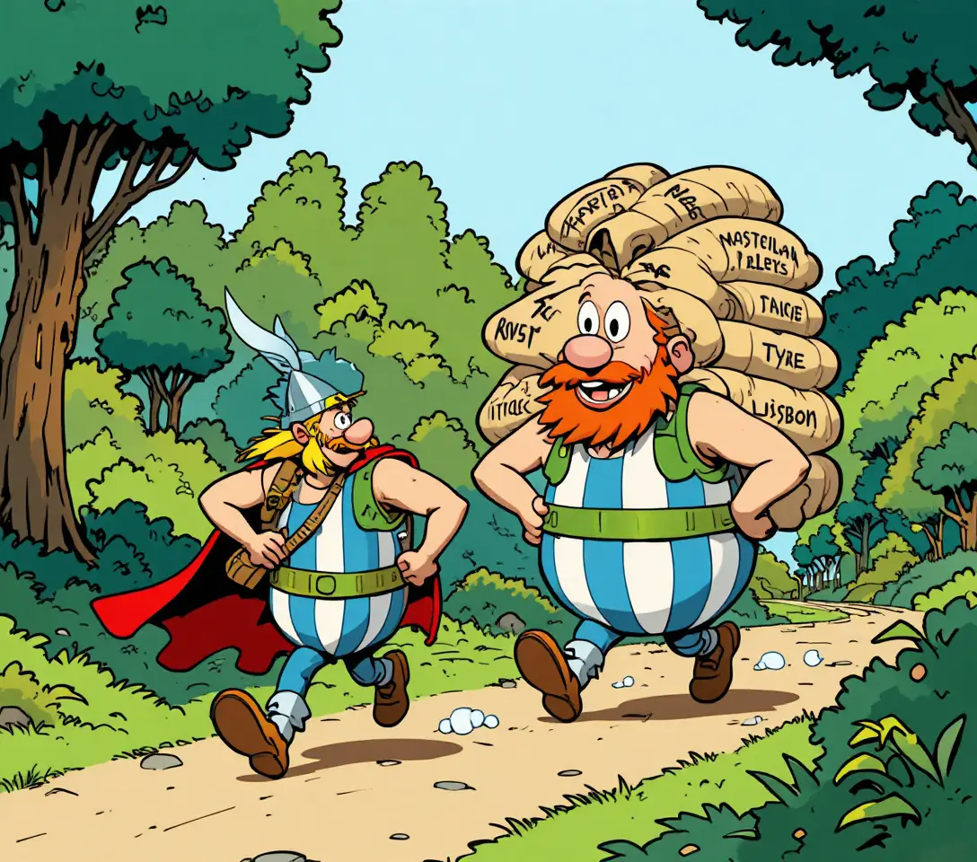 Asterix and Obelix Travel With Sacks Along a Tree-Lined Path