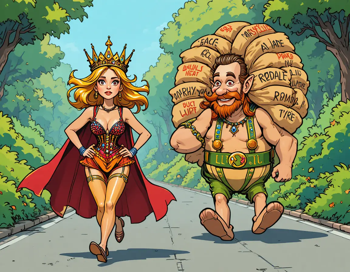 A Feathered Carnival Queen Stands Beneath Green Foliage Outdoors