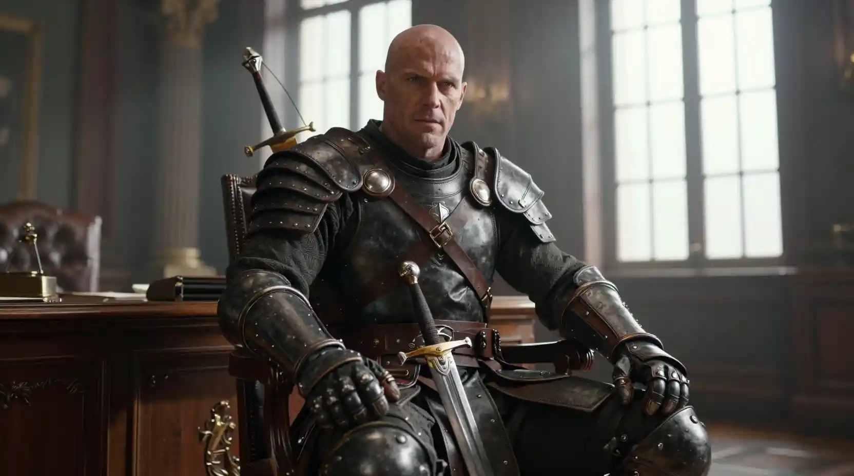 A Bald Armored Warrior Sits Confidently in an Elegant Mahogany Office