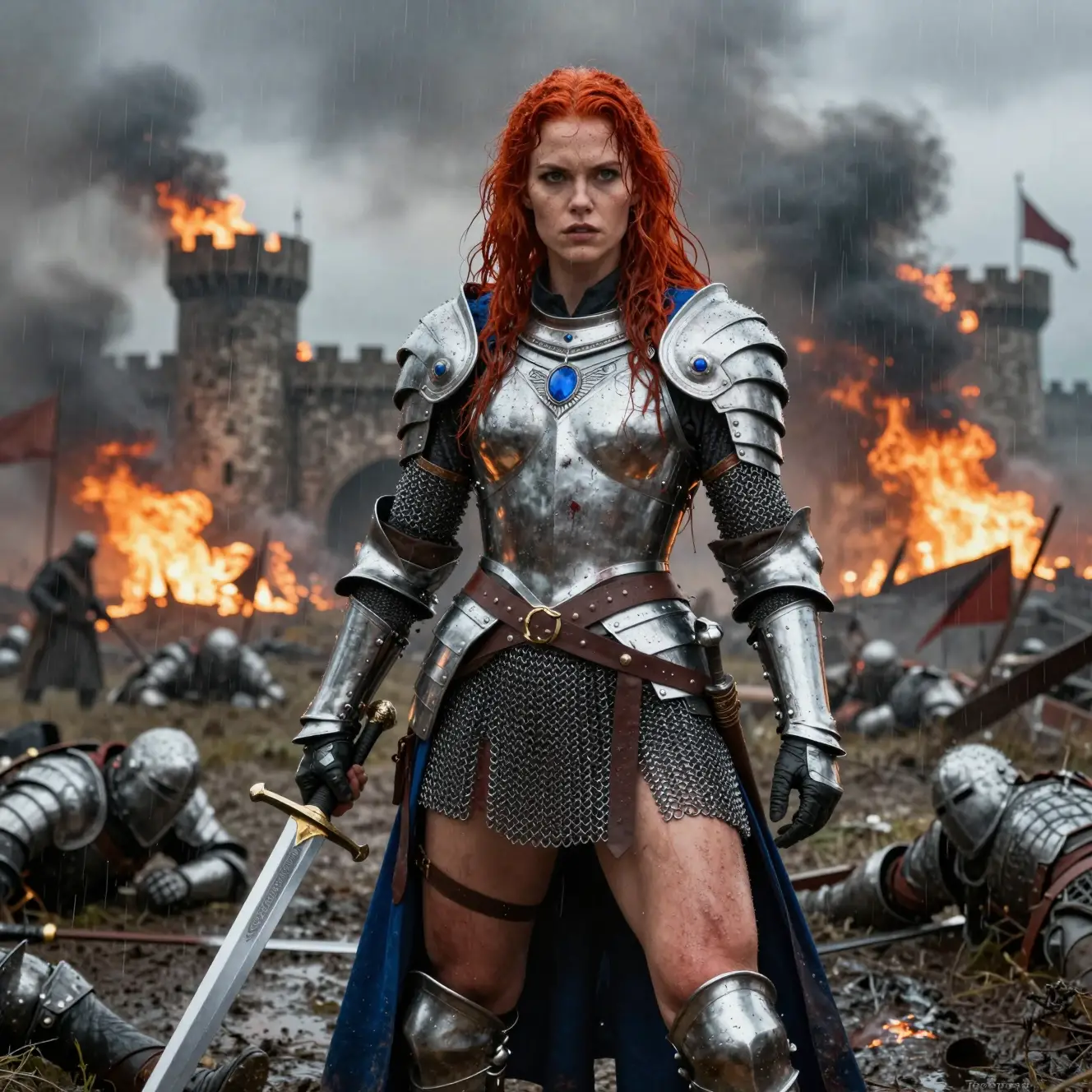 Red-haired warrior stands amid rain and fire on a battlefield