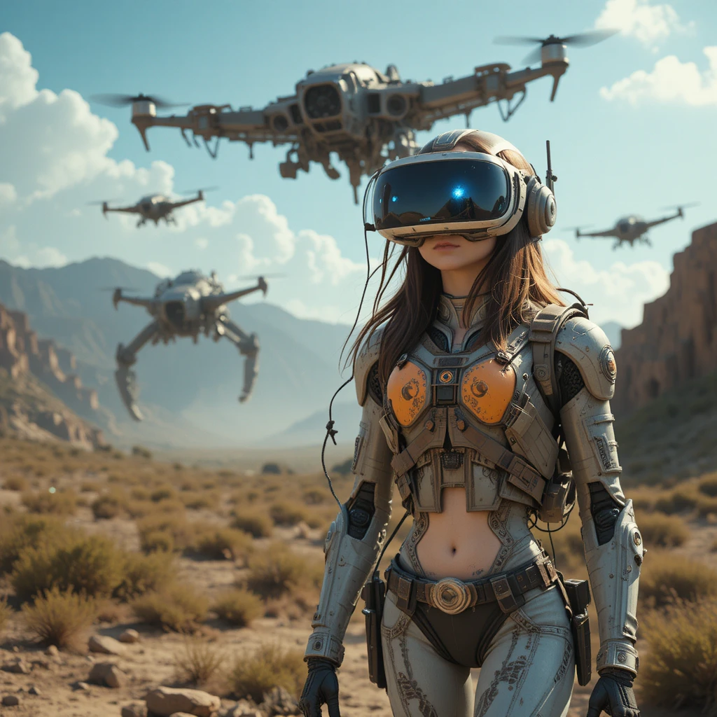 People isolated in virtual reality helmets amid a drone battle