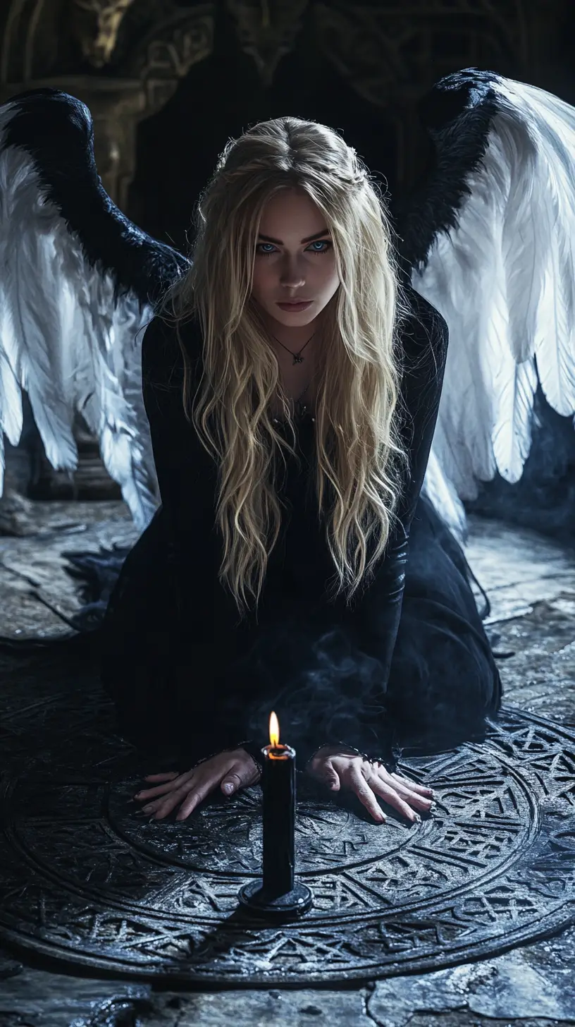 A serene angel kneels within a circle of black candles