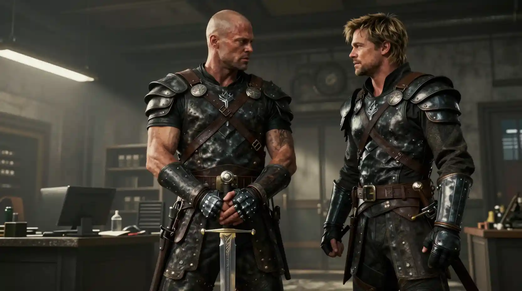 Two armored warriors face off inside a rugged military office