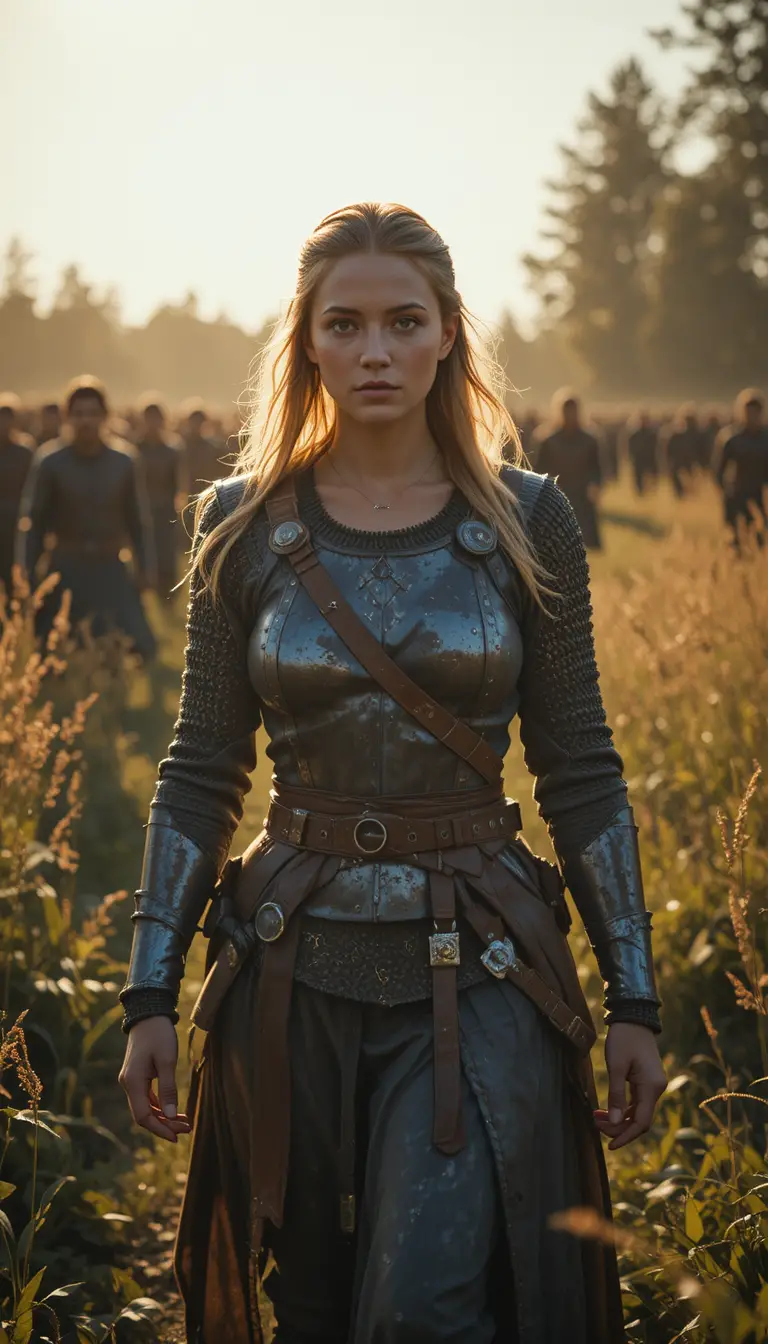 A Nordic Warrior Woman Crosses a Sunlit Meadow in Quiet Resignation