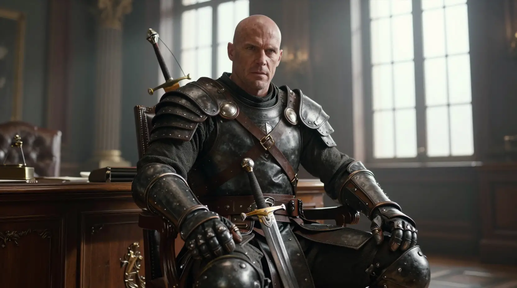 A Bald Armored Warrior Sits Confidently in an Elegant Mahogany Office