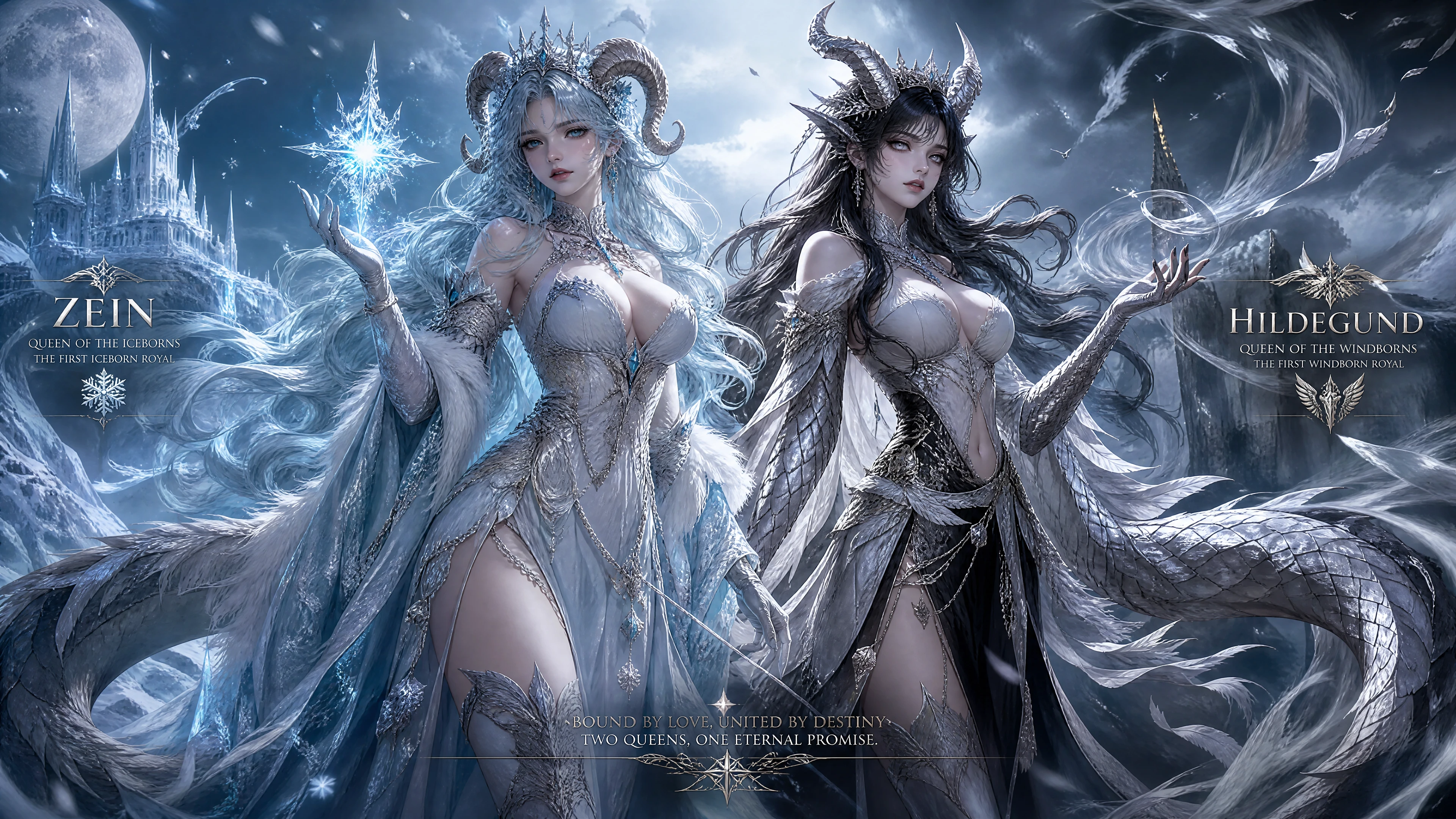 An ice queen with curled goat horns, cyan silver hair, and a furred dragon tail