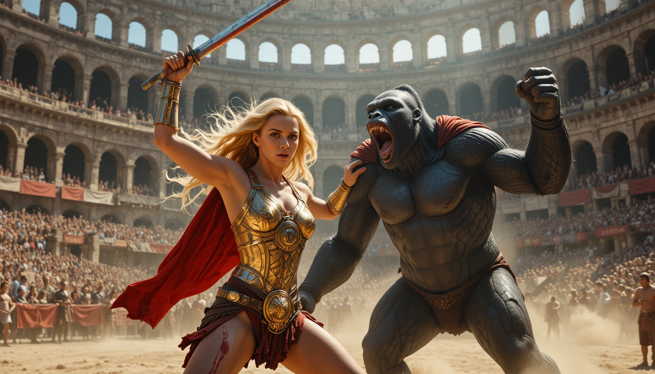 Blonde Gladiator Battles in a Roman Colosseum Arena