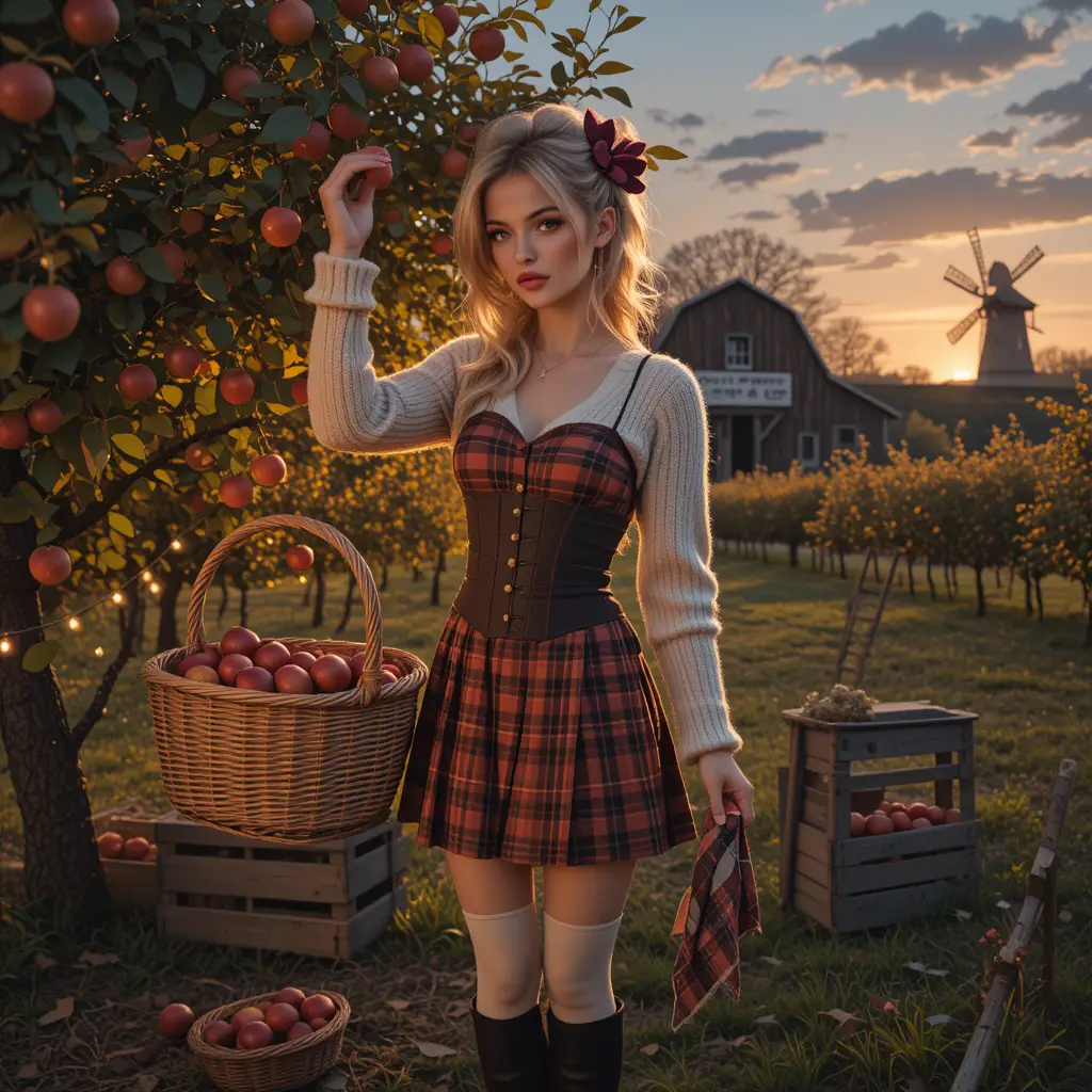 A young woman reaches for apples in a golden autumn orchard