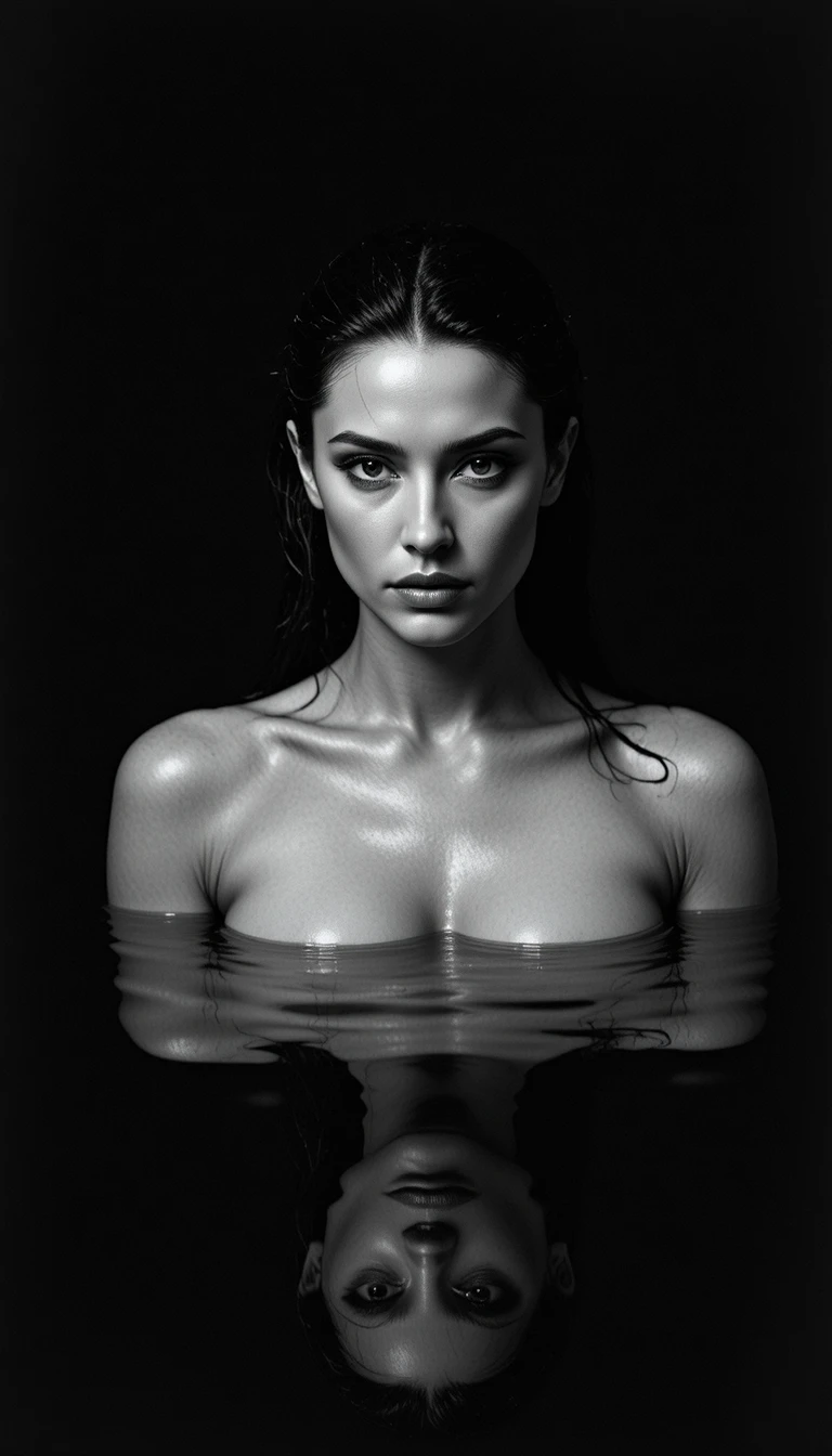 A Woman Meets the Camera From Still Water in Black and White