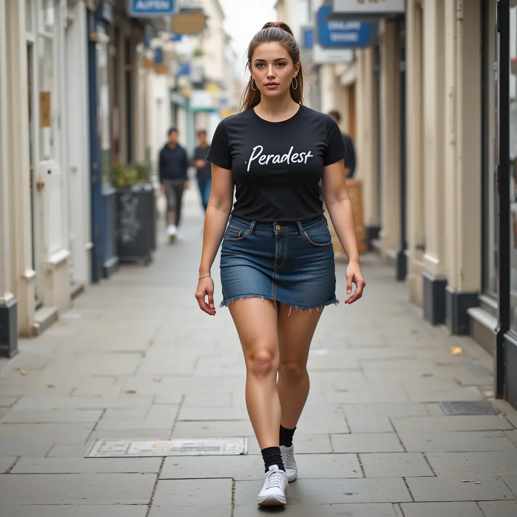 A woman walks through Hastings in a black tee and denim skirt