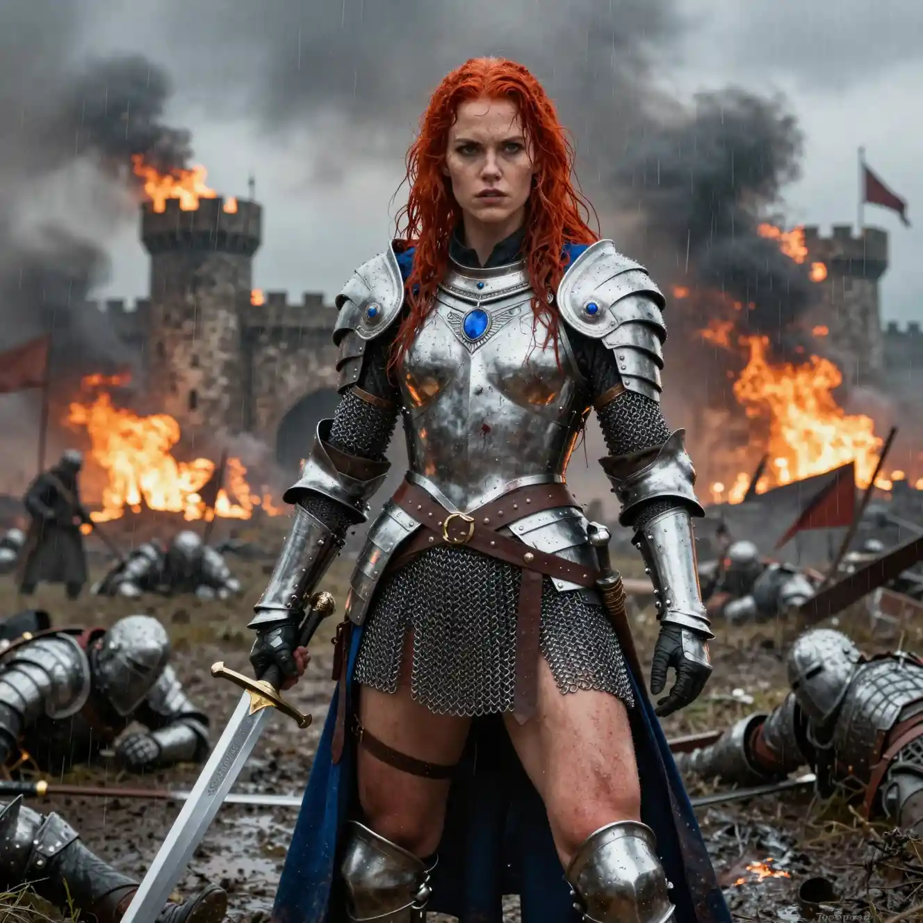 Red-haired warrior stands amid rain and fire on a battlefield