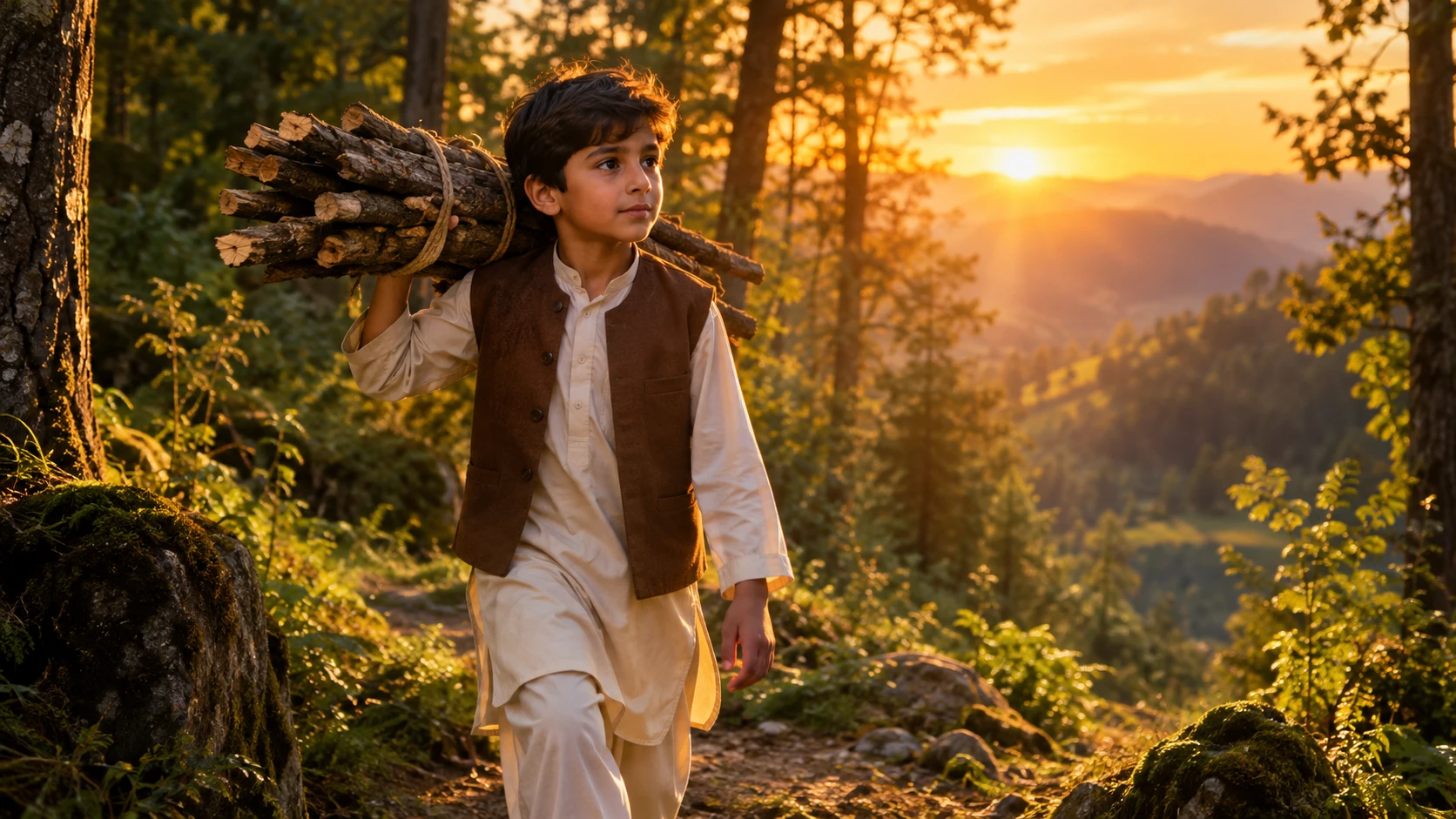 Un ragazzo pakistano trasporta legna in una rigogliosa foresta al tramonto