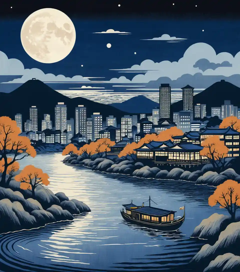 A ukiyo-e cityscape shows a full moon above a ferry