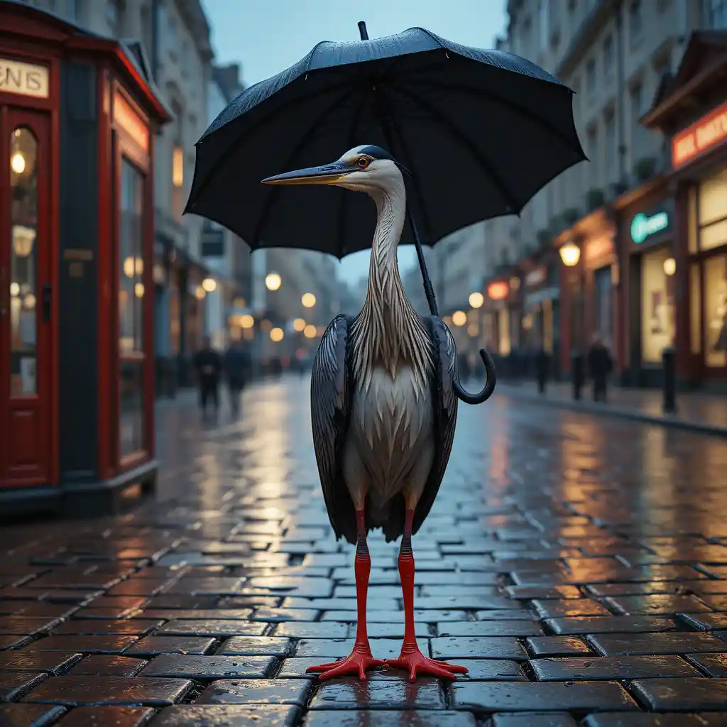 A heron in red rain boots stands beneath a tiny umbrella on a London street