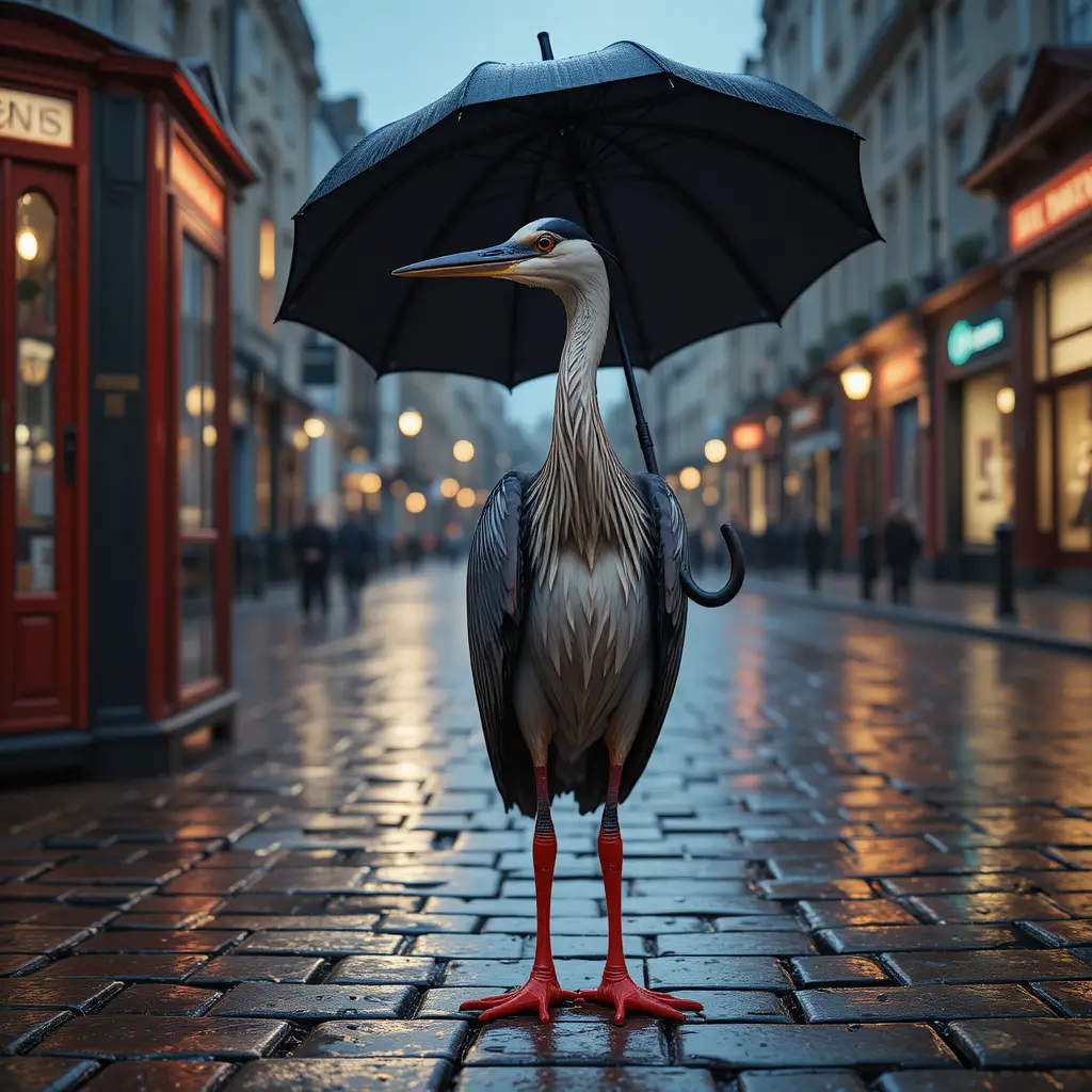 A heron in red rain boots stands beneath a tiny umbrella on a London street