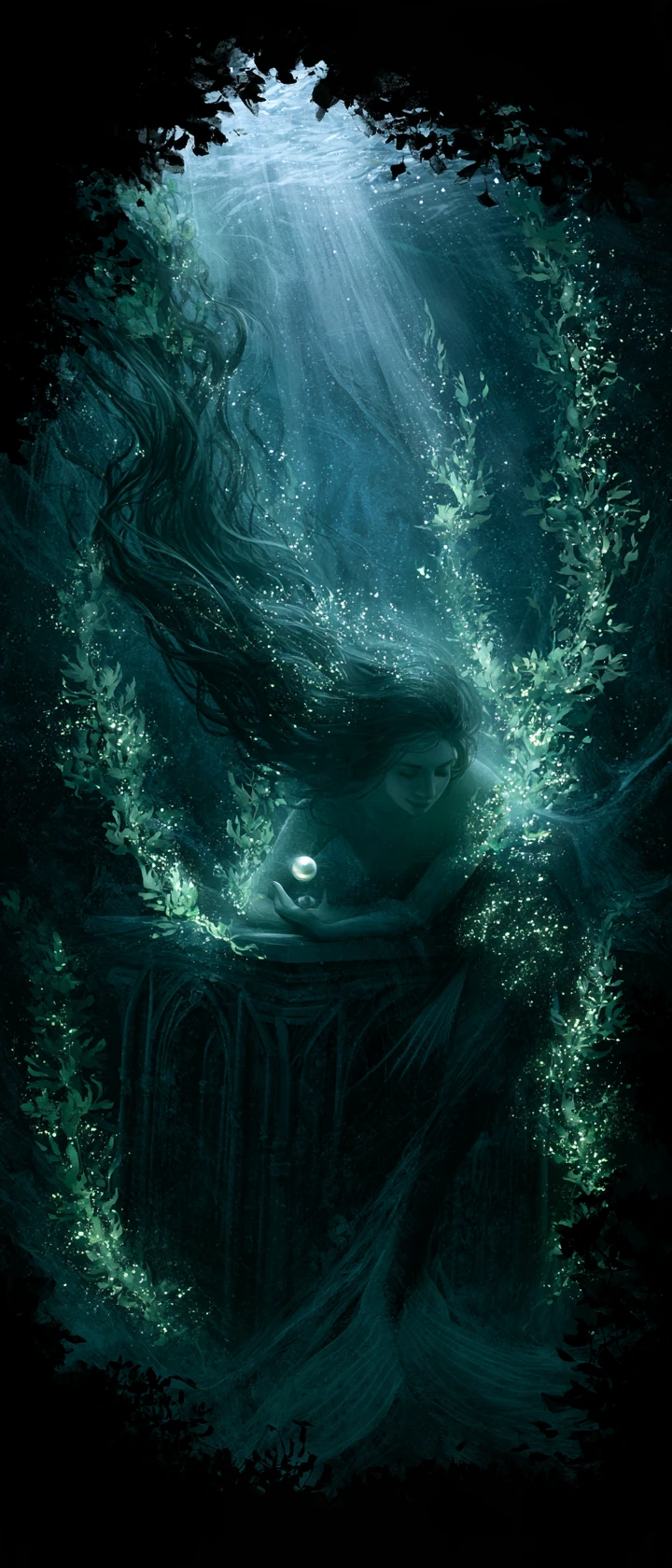 A mermaid rests upon a gothic altar in a forgotten ocean trench