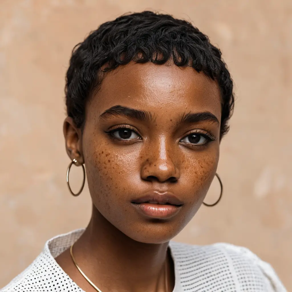 Nigerian model Akora Bello in a freckled close-up headshot