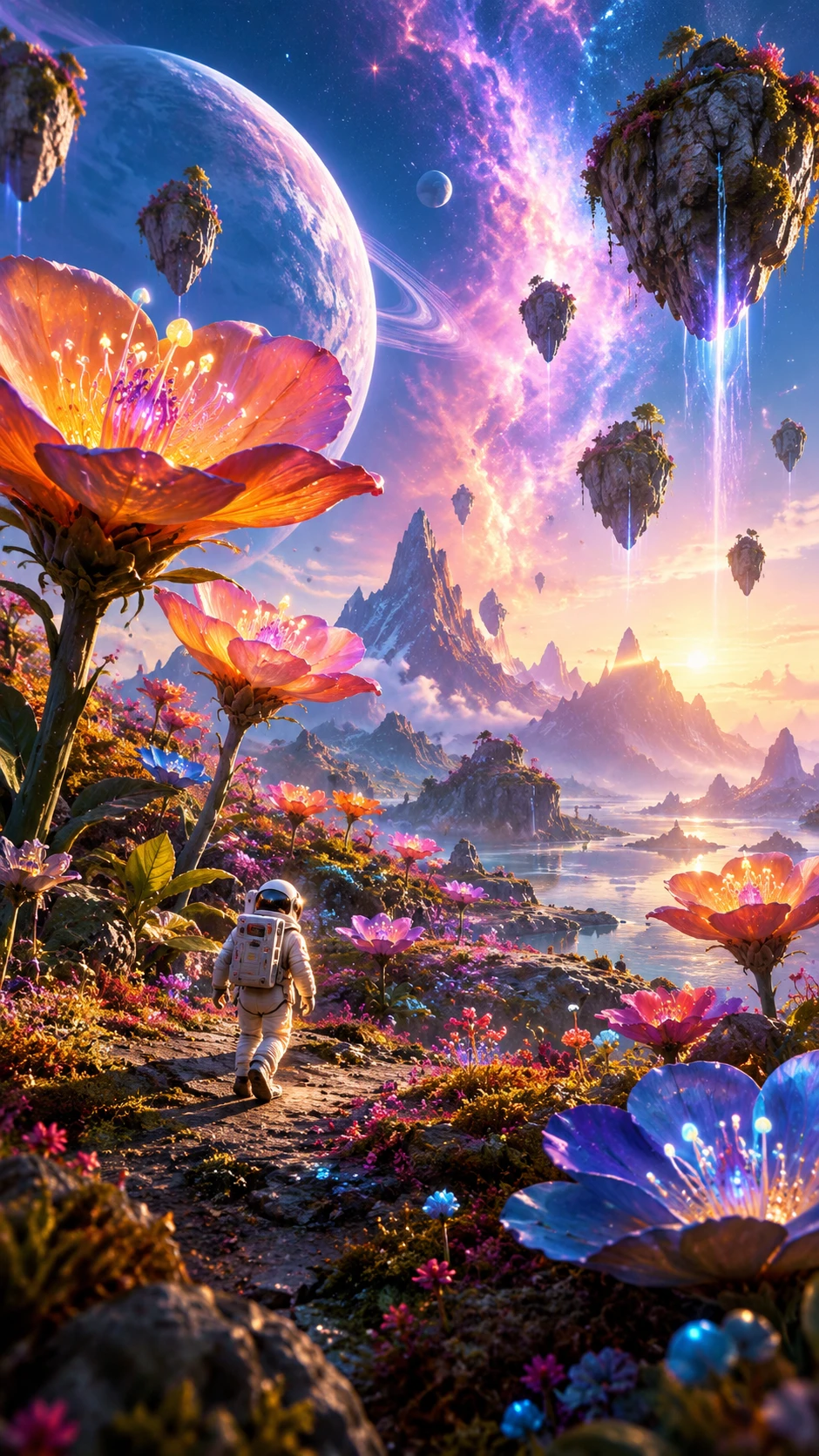 A tiny astronaut explores giant flowers across a colorful alien planet