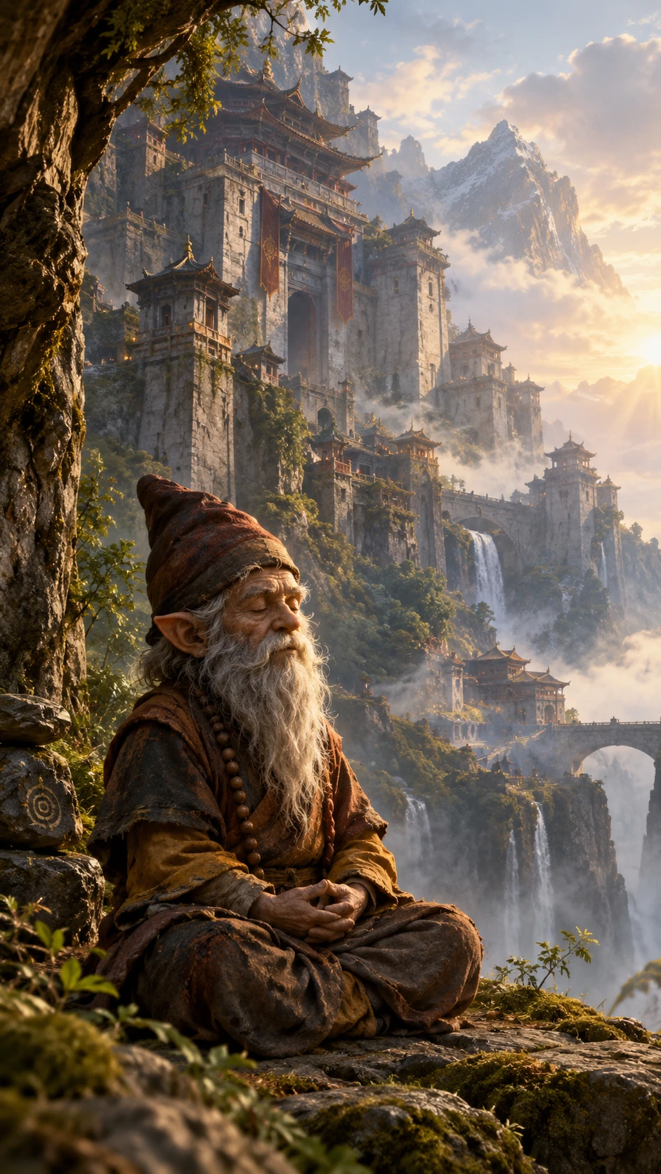 A meditating gnome monk before an ancient monastery