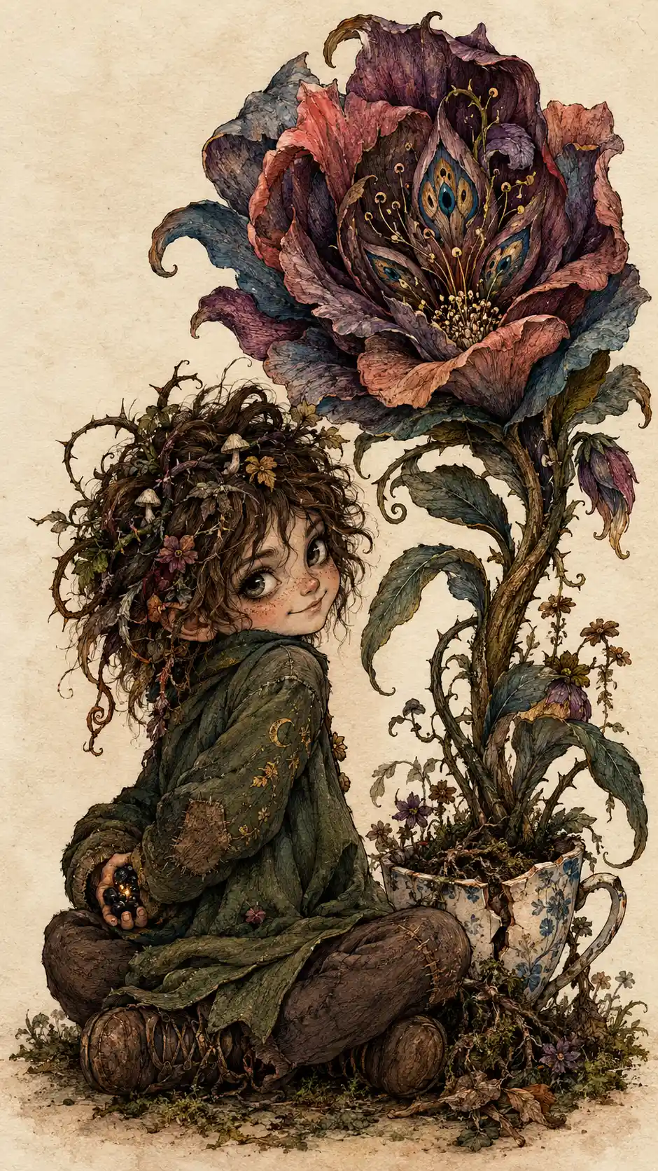A woodland child sits beside a giant flower growing from a teacup