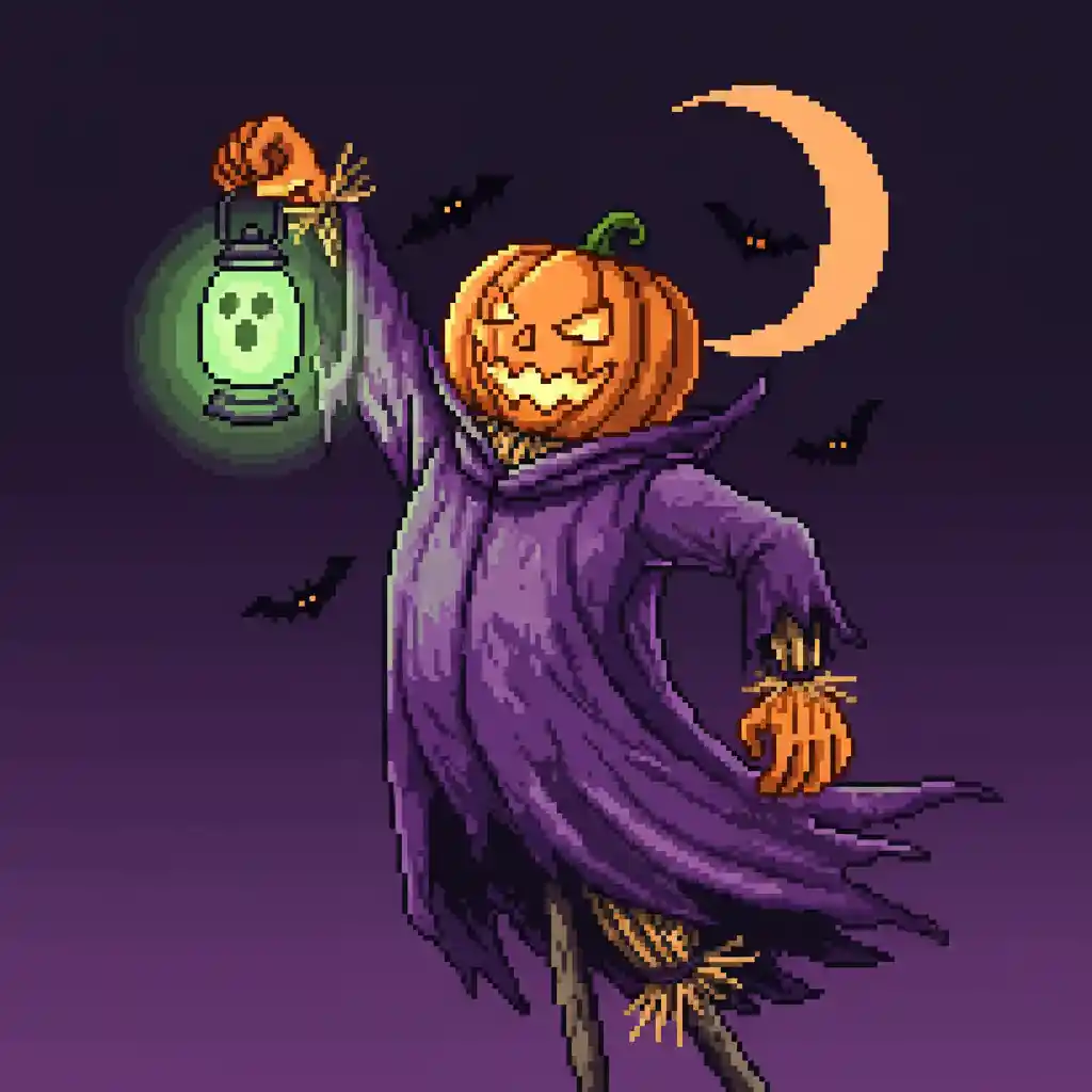 Pixel art scarecrow raises a ghost lantern beneath a dusky Halloween sky