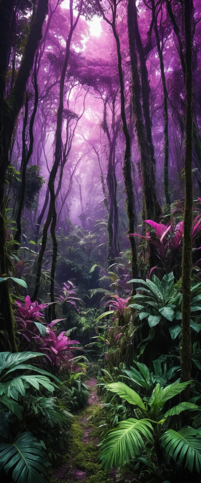 Une jungle fantastique dense aux tons violets et roses, dont seules les cimes des arbres sont visibles