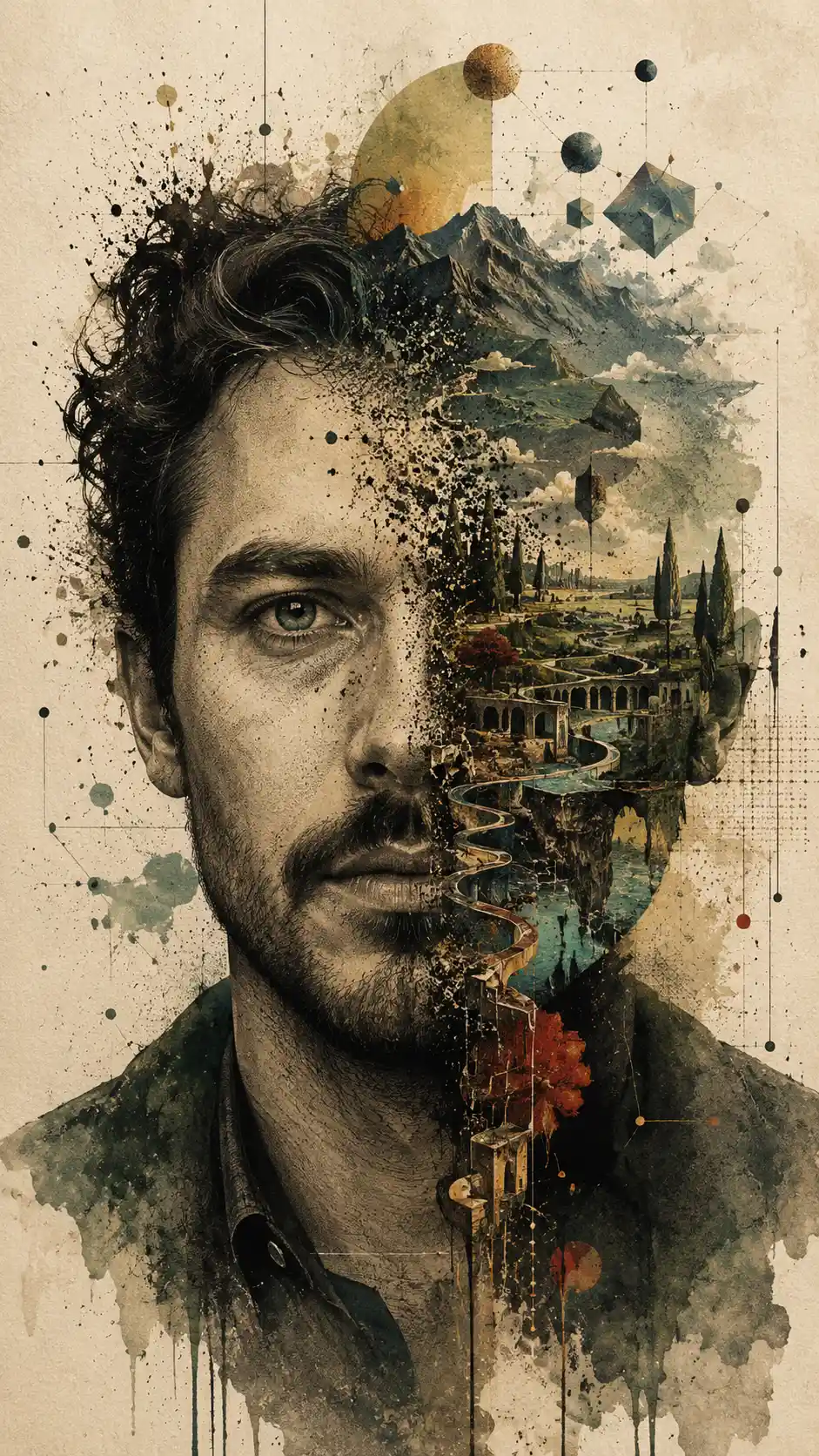 A forward facing man with a surreal landscape hidden beneath his skin
